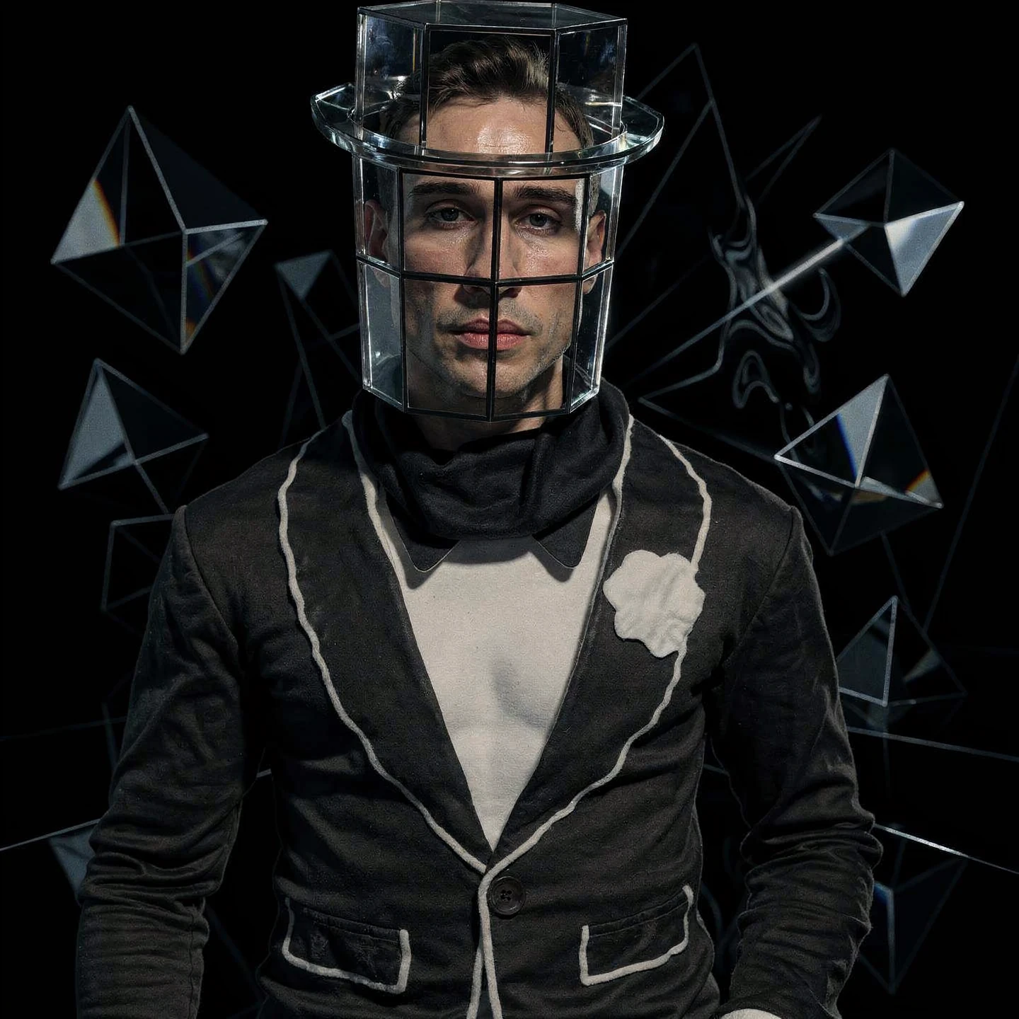 Gabriel Wyatt, framed in sculptural glass against a dark geometric background.