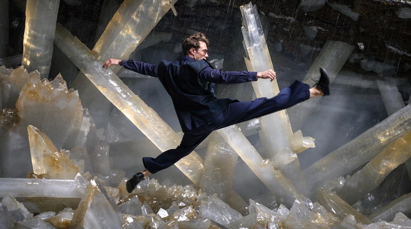 Gabriel Wyatt suspended in a leap among large luminous crystals.