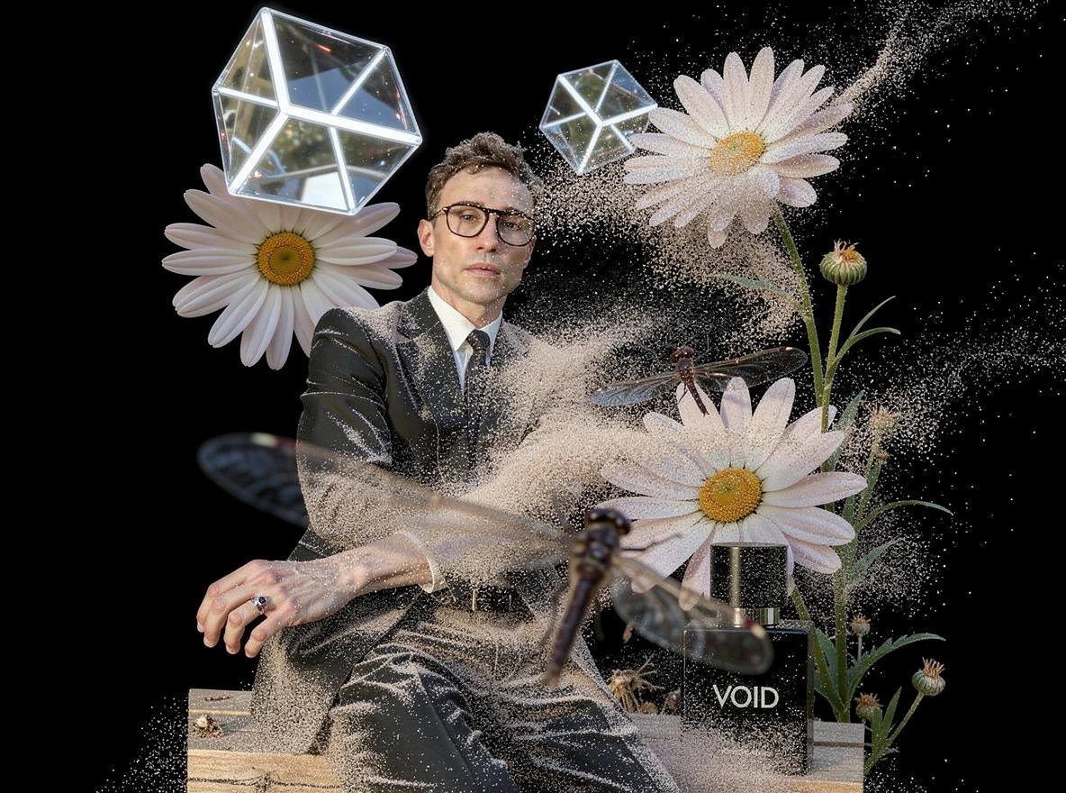 Gabriel Wyatt in a surreal composition of white daisies, suspended glass forms, dragonflies and fine particles.